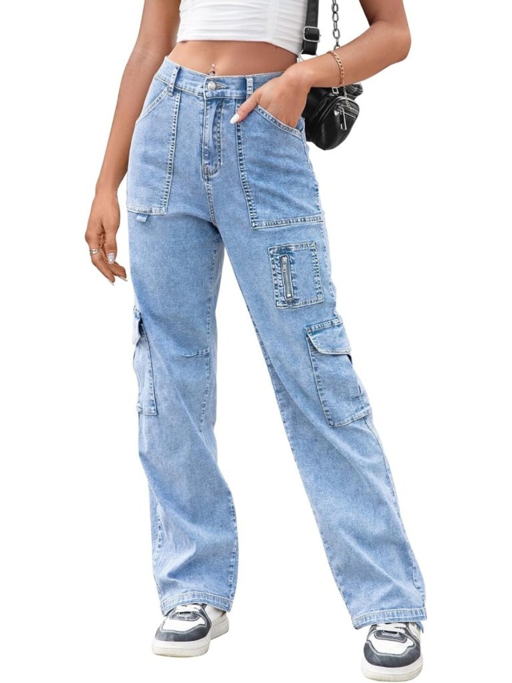 High Waist Wide Leg Cargo Pants for Women - 7 Pockets, Stretchy Y2K Casual
